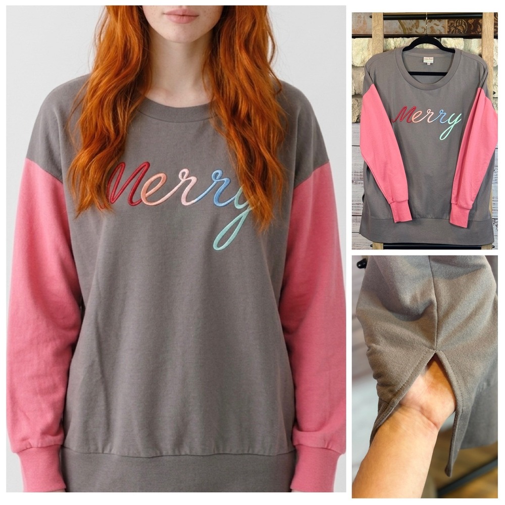Jadelynn Brooke Merry Sweatshirt Grey Pink Rainbow Embroidered Small